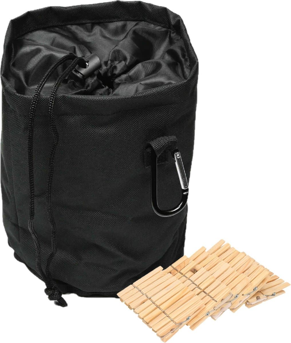 Wasknijpers mandje/zakje - met koord en karabijnhaak - D16 x H 18 cm - inclusief 100 wasknijpers — afbeelding 1