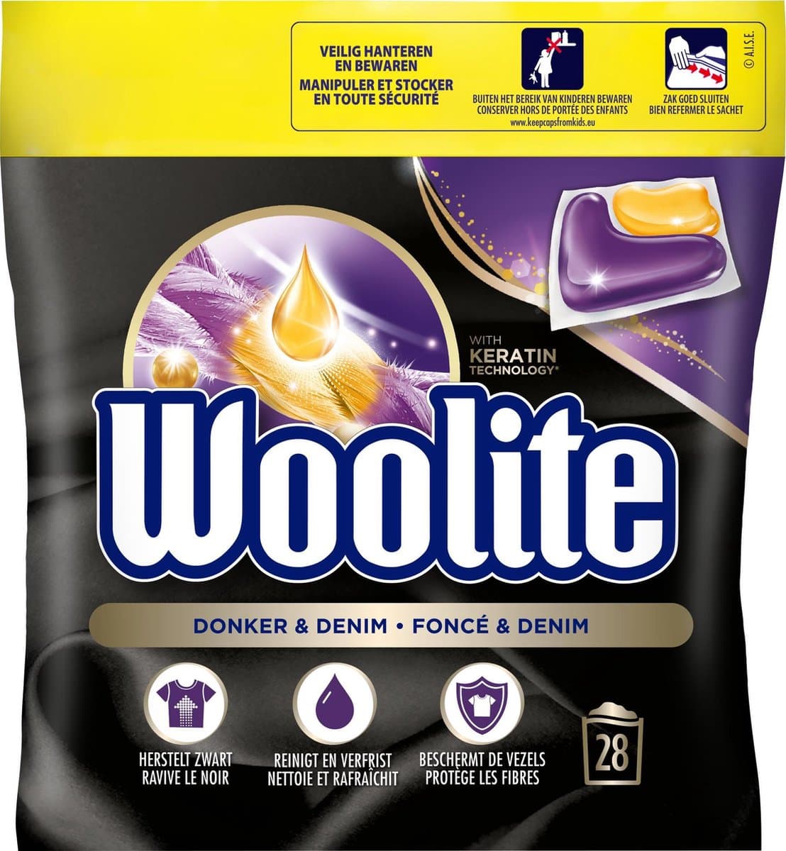 Woolite Zwart, Donker & Denim Wasmiddel met Keratine - 28 Capsules — afbeelding 1