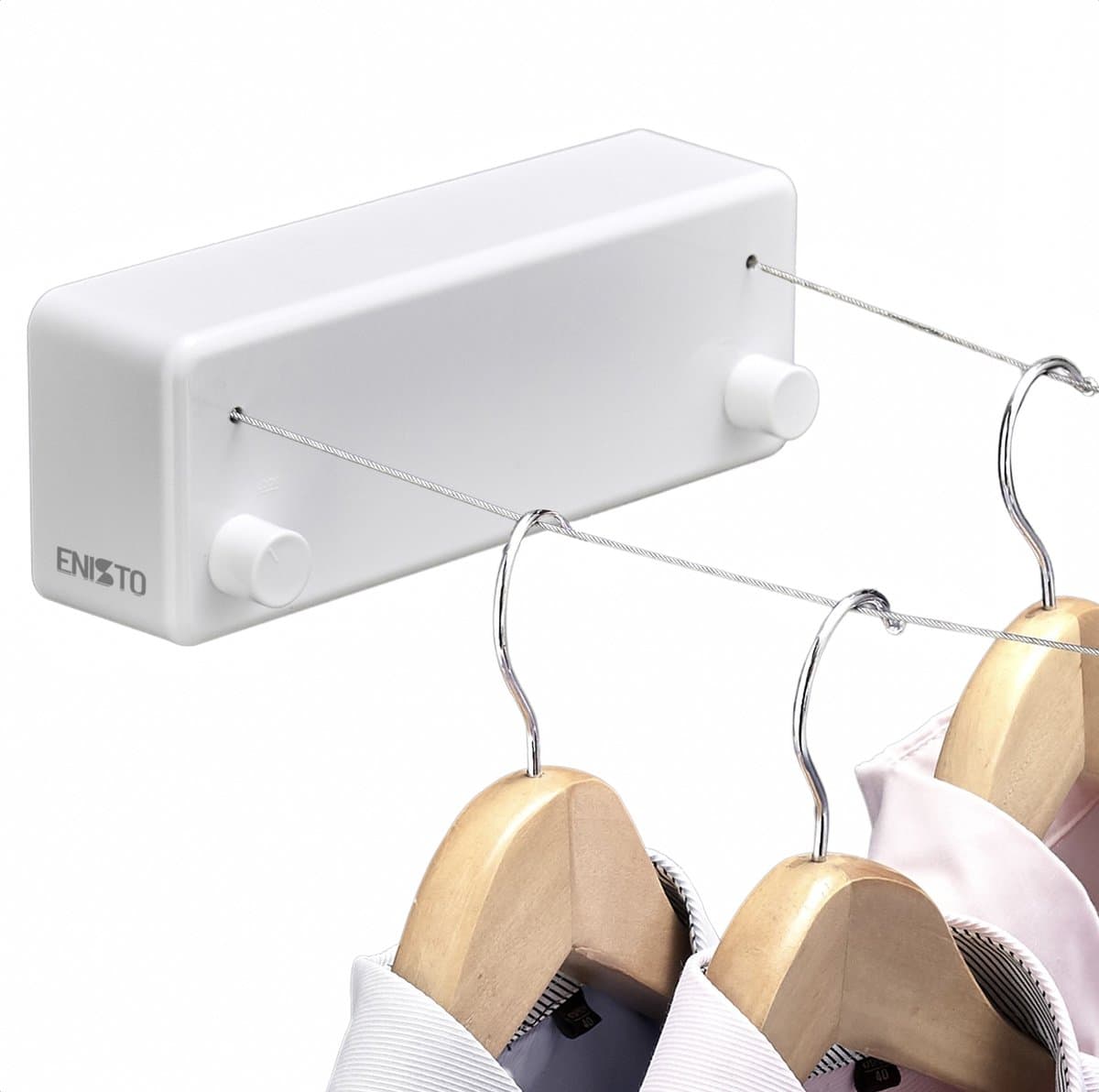 ENISTO® Waslijn - Uittrekbare waslijn - Dubbele lijn - 8,4 meter (2 x 4,2 meter) - Wit - Alternatief droogrek - Wanddroogrek - Waslijndraad uittrekbaar - Roldrooglijn - Wasdraad - Ruimtebesparend - Met of Zonder boren — afbeelding 1