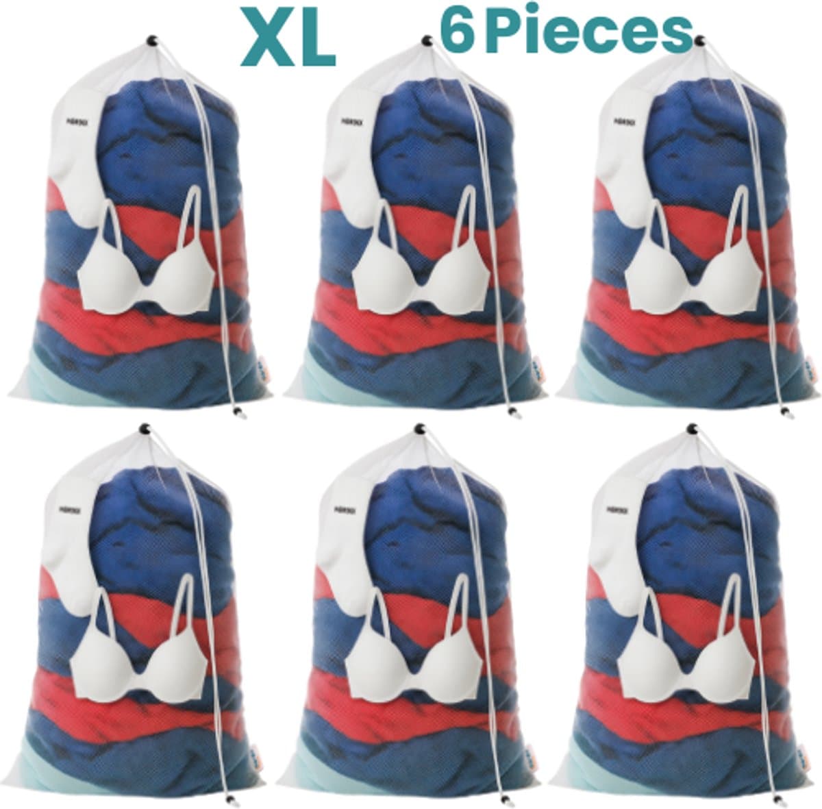 NORDIX Waszak Groot XL - 60x90CM - Waszakken - 6 Stuks - Laundry Bag - Wasnet - Waszakje - Treksysteem - Trekbandsluiting - Polyester - Schoenenzak - WHITE — afbeelding 1