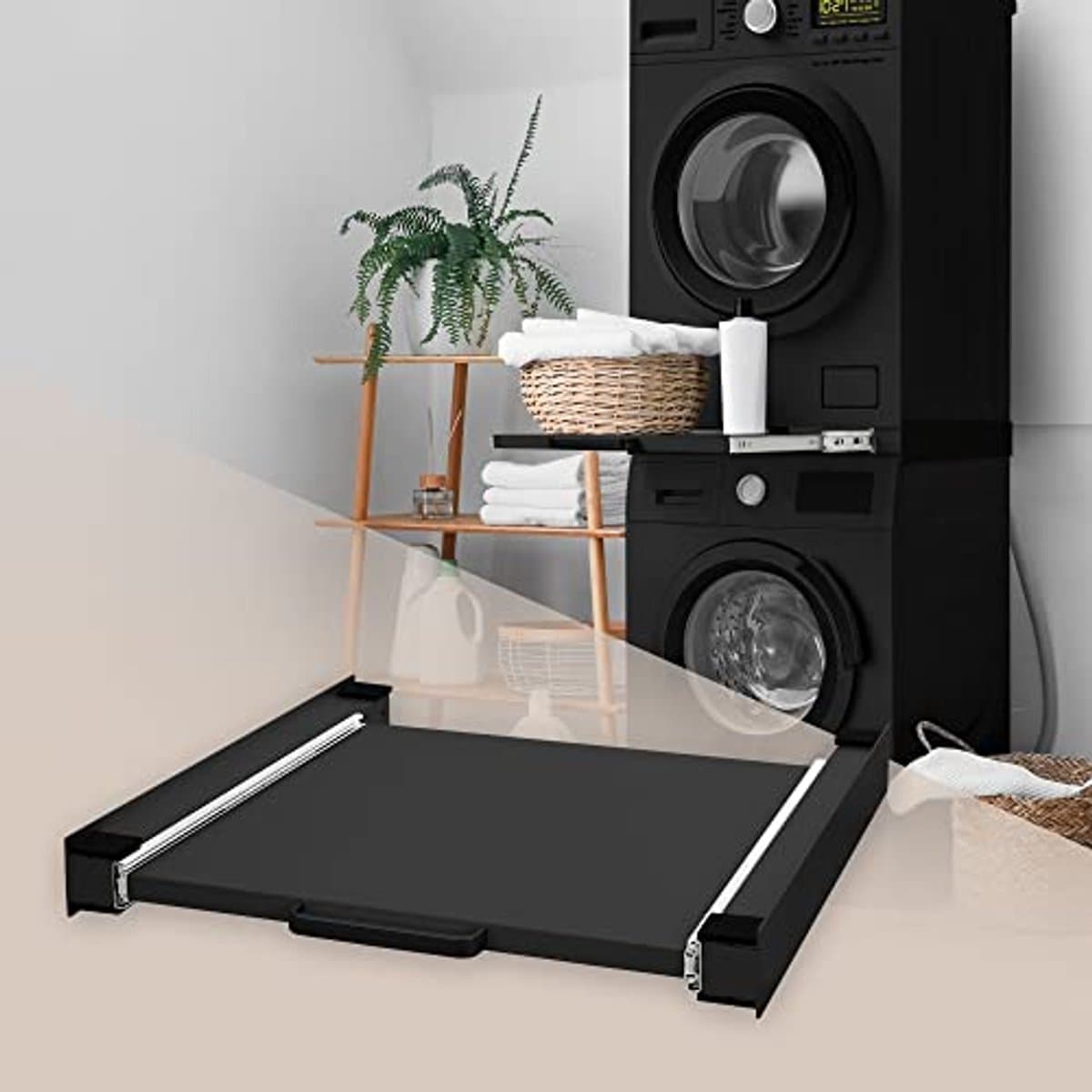 Universeel Tussenframe voor Wasmachine en Droger met Uitschuifbare Plaat - 60x60 cm - Zwart Verbindingsframe en Opbergruimte — afbeelding 1