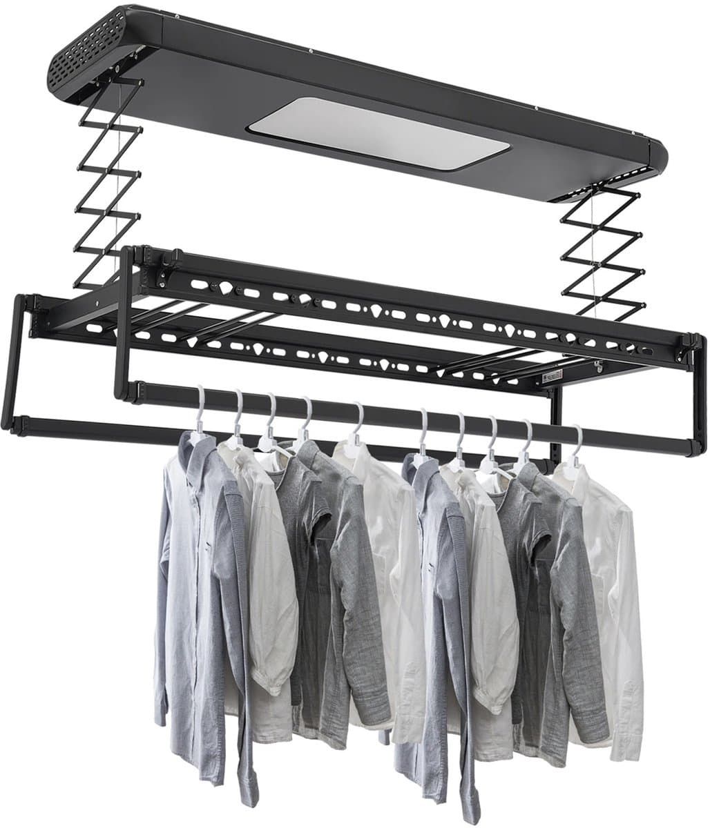 Amolass - Droogrek Elektrisch - Plafonddroogrek - Met Afstandsbediening - LED-Verlichting - Modern Design - Zwart - 250x56x110cm — afbeelding 1