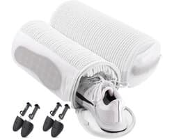 Waszak-waszak schoenen-waszak voor schoenen-2-pack schoenwaszakken met 2 paar schoenspanners - 360° omwikkelbare waszak - Inclusief veters en binnenzolen - Herbruikbare sneakerwaszak - Verborgen rits - Wit - 33x16cm