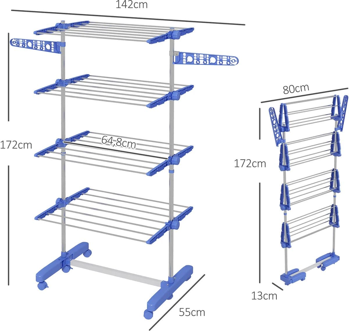 Pugsdrly Wasrek Wasdroger 5 niveaus, opvouwbaar, One-Click-systeem, 142 cm x 55 cm x 172 cm, blauw + zilver — afbeelding 1