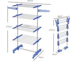 Pugsdrly Wasrek Wasdroger 5 niveaus, opvouwbaar, One-Click-systeem, 142 cm x 55 cm x 172 cm, blauw + zilver