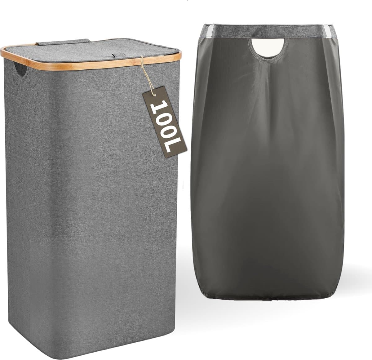 Wasmand met Deksel en Waszak - 100L - Groot Formaat - Wasmand - Opvouwbaar - Opbergmand - Linnen - Grijs — afbeelding 1
