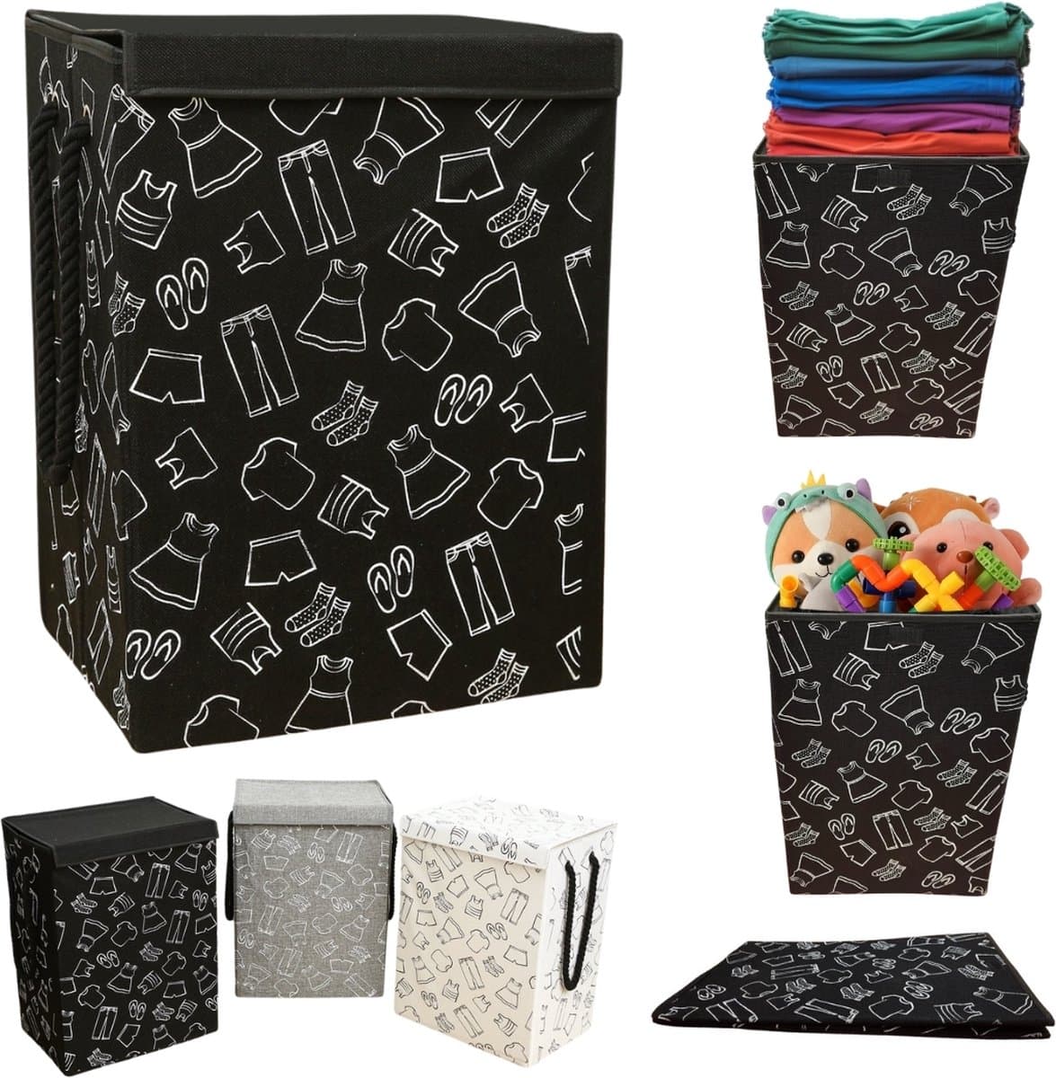 Lexorion Opbergmand - Opbergmand - Speelgoedmand Kinderen - Opbergmand met deksel - Opbergmanden - Opbergmand kinderkamer - Opbergmand speelgoed - Wasmand Opvouwbaar - Stijlvolle Kledingmand - 57L Wasmand - Zwart — afbeelding 1