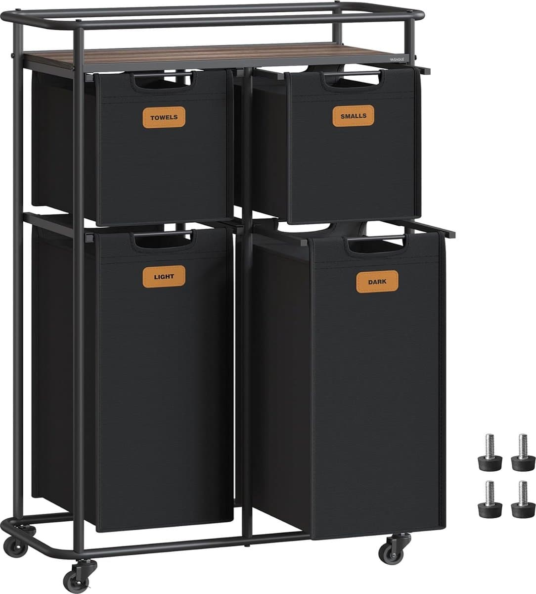 FurnStar - Wassorteerder - wasscheider met wielen - 150 liter - wasmanden - beweegbare waswagen met plank - 4 afneembare vakken - 6 etiketten - 72 x 33 x 109 cm - inktzwart-kastanjebruin — afbeelding 1