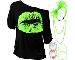 jaren 80 kostuum accessoires set, lippen print T-shirt kant hoofdband oorbellen ketting armband voor jaren 80 themafeest (fluorescerend groen, L)