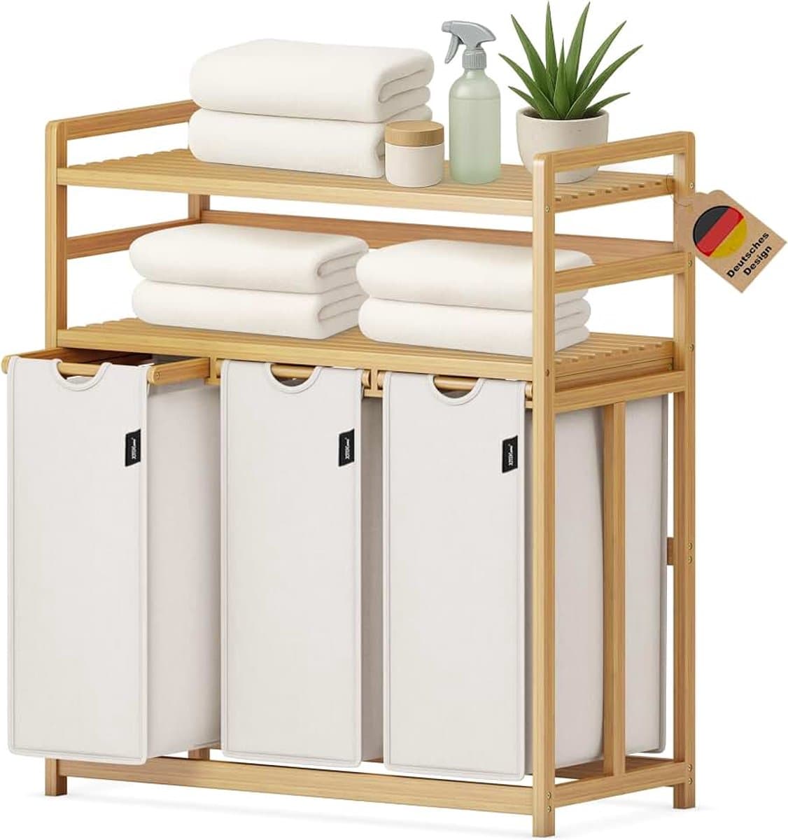 Wasmand met 3 vakken,148L,van bamboe met 2 niveaus | grote wasmand met afneembare zak,rechthoekig,wasmand voor badkamer,slaapkamer en wasruimte,77,5 x 41,3 x 100,5 cm — afbeelding 1