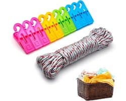 10 m, kleurrijk nylon touw + 10 wasknijpers met haken, duurzaam, voor buiten, binnen, tuin, complete set voor het ophangen van kleding, doeken en beddengoed