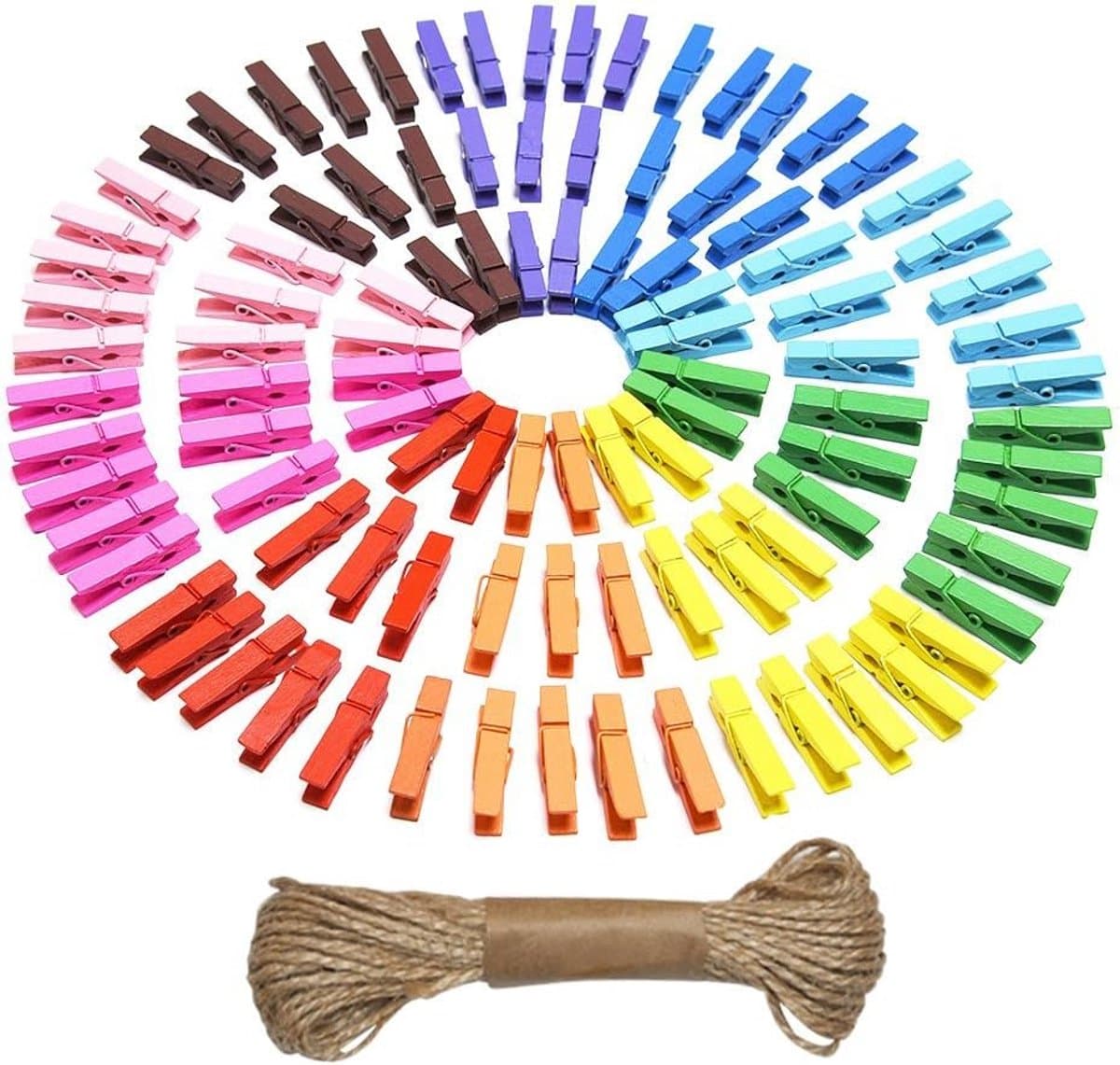 eBoot Mini Gekleurde natuurlijke houten knijpers wasknijpers kleding fotopapier peg pin kracht clips met koord, 100 stuks — afbeelding 1