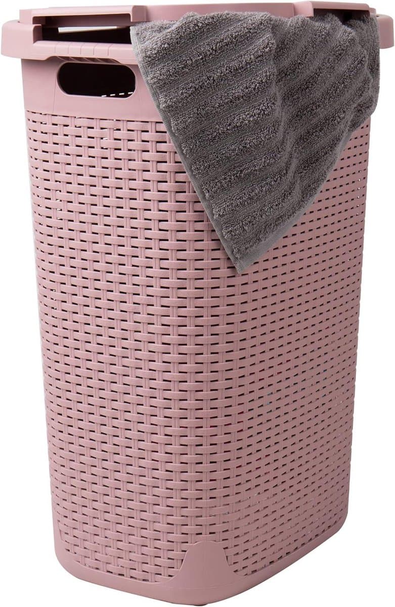Wasmand met Deksel - Kledingmand Riet - Ruimte Besparen - Geventileerd Ontwerp - 60 Liter Capaciteit - Roze — afbeelding 1