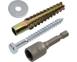 - Set van 15 metalen expansiepluggen met externe vertanding Ø8x60 mm kleur goud + 15 houtdraadbouten Ø6x60 mm gedeeltelijke schroefdraad + 15 brede ringen voor M6-bout + zeskantsleutel SW10