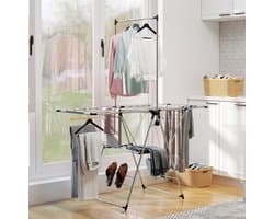 MEUNIQ droogrek staand opvouwbaar 156,5 x 68 x 192 cm met verstelbare vleugels, 4 schoenhouders, meerlaagse droogruimte, RVS, zilver