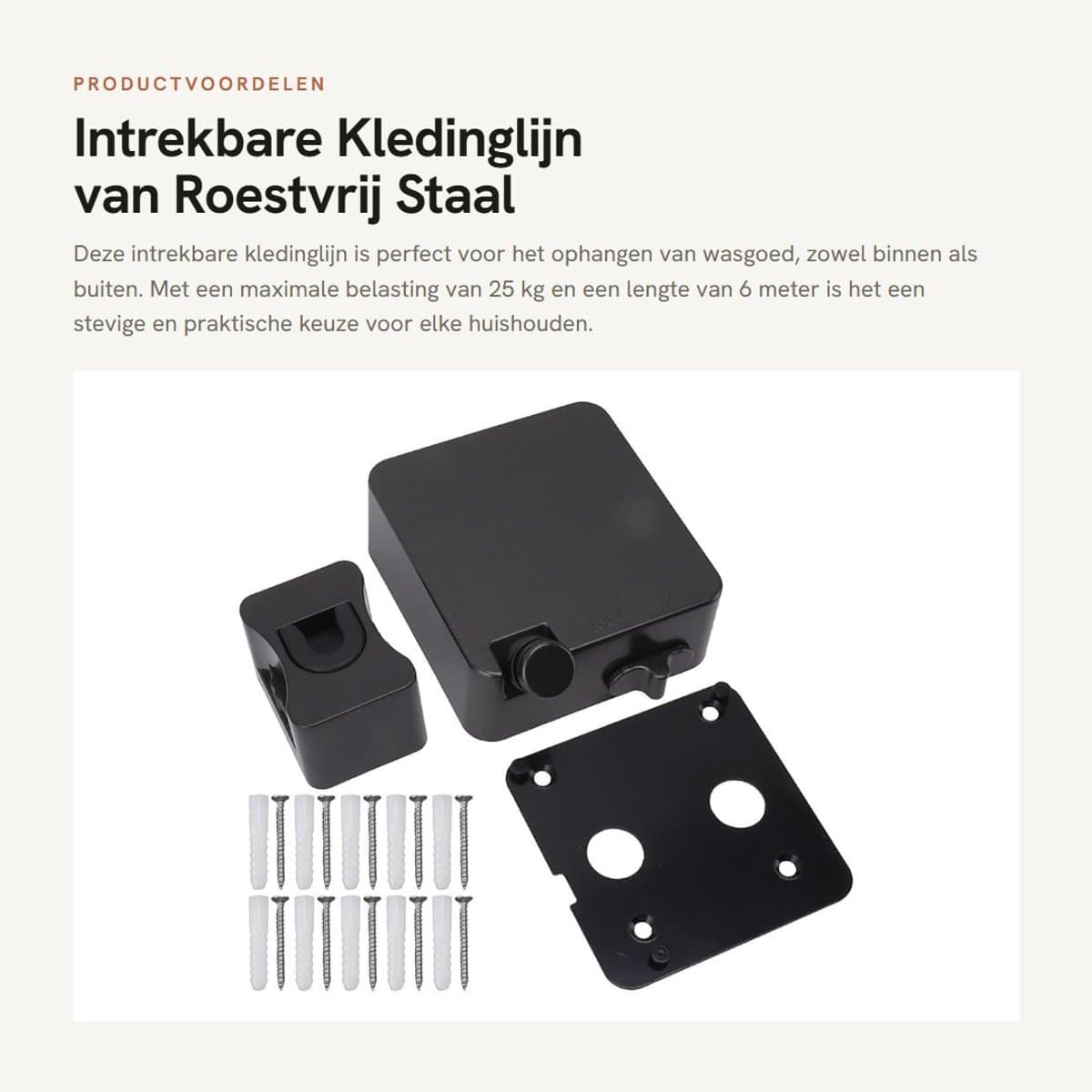 Dailygoods- Kledinglijn Intrekbaar - Roestvrij Staal - 6m Lengte - 25kg Belasting - Eenvoudige Installatie - Geschikt voor Binnen/Buiten - Waslijn — afbeelding 1