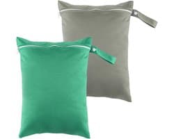 2 Stuks Waterdichte Waszakken voor Reizen, Grote Nat Bag voor Vuil Wasgoed en Badkleding, 30 x 40 cm (Grijs/Groen)