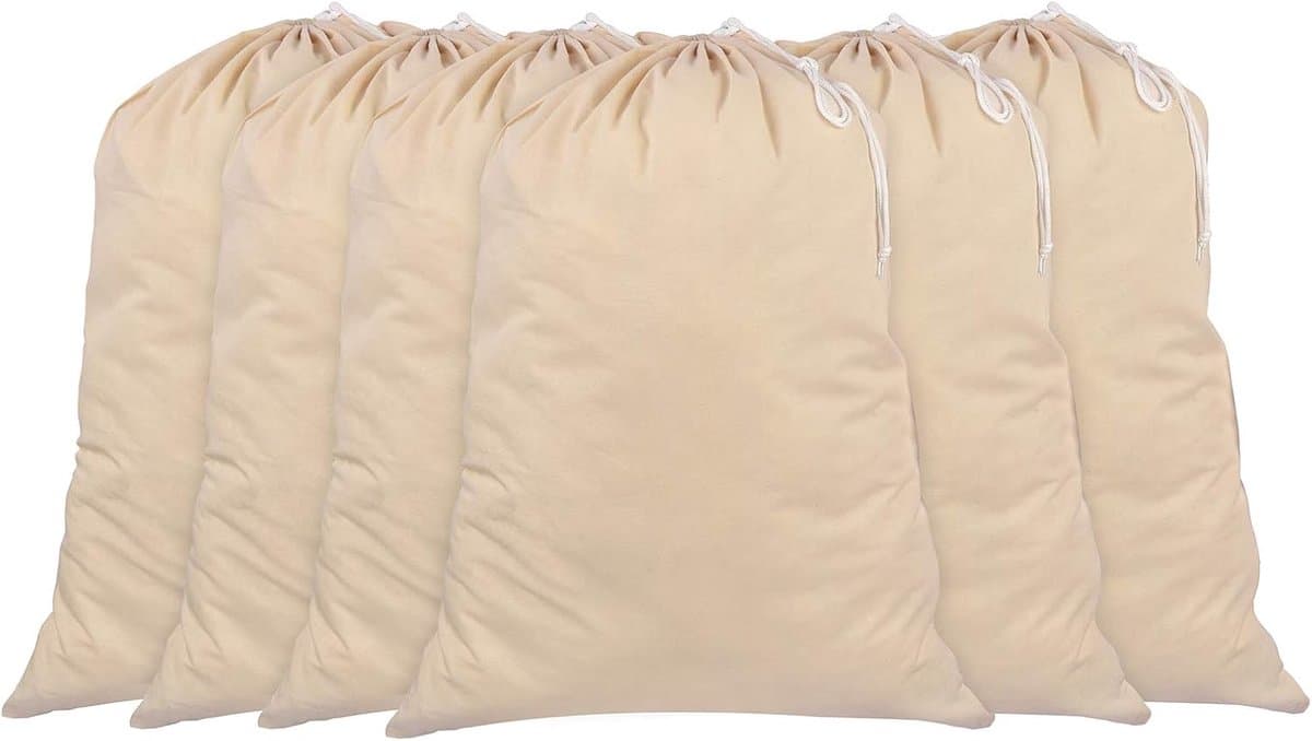 SnelShoppen - Set van 6 Extra Grote Katoenen Waszakken - 100% Katoen, 71 CM x 91 CM, Naturkleur, Duurzaam met Trekkoord en Cord Lock, Machinewasbaar v — afbeelding 1