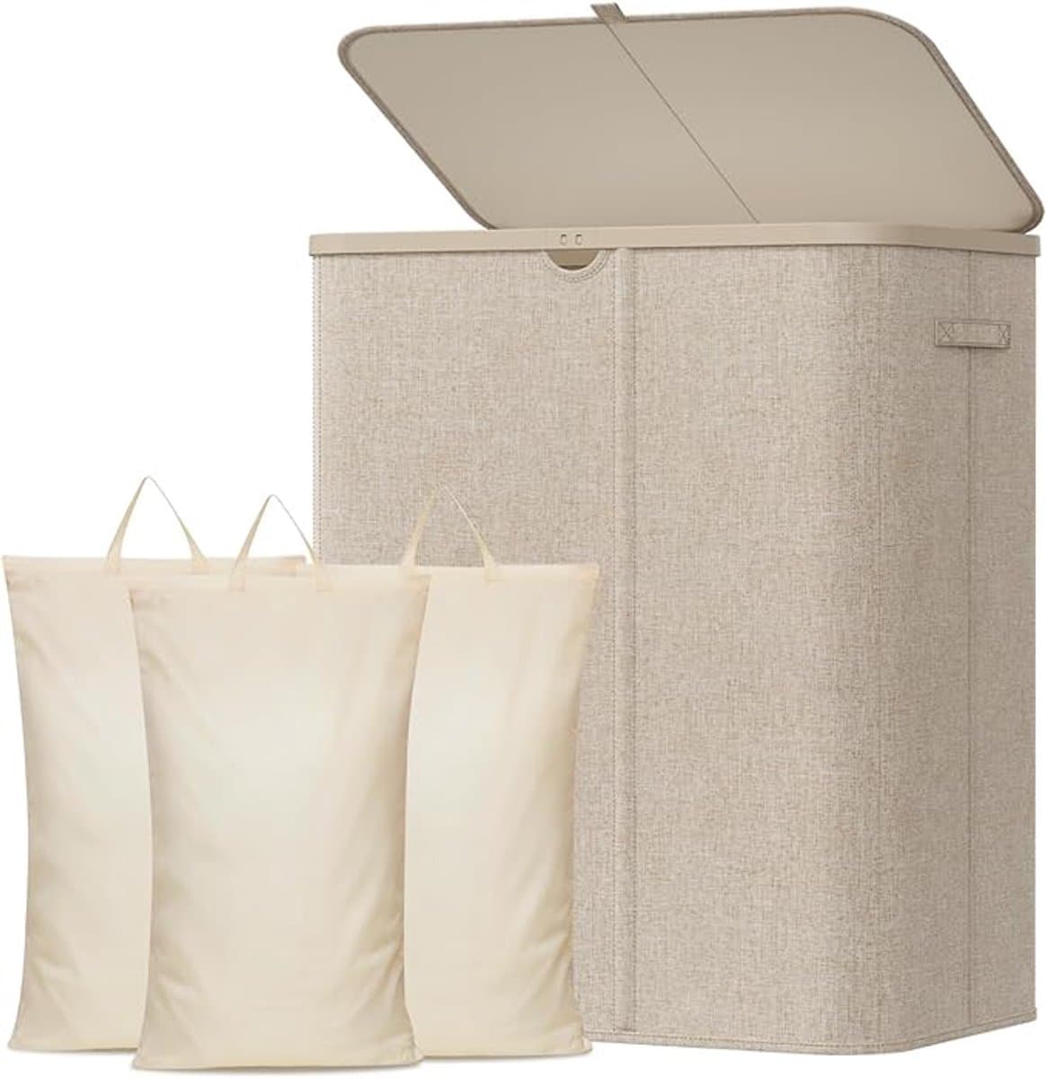 Grote Wasmand Met Deksel 185L - Ruime Wasbox Met Plastic Handvatten En Uitneembare Waszak - Laundry Basket Voor Kleding, Wasgoed En Textiel - Voor Wasruimte, Slaapkamer En Badkamer - Beige — afbeelding 1