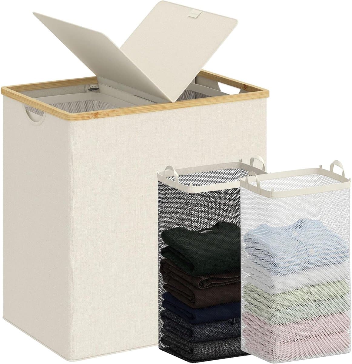 Wasmanden met deksel en 2 vakken, vuile wasbak, dubbele mand, opslag van wasgoed met 2 verwijderbare waszakken, 140 l, beige — afbeelding 1