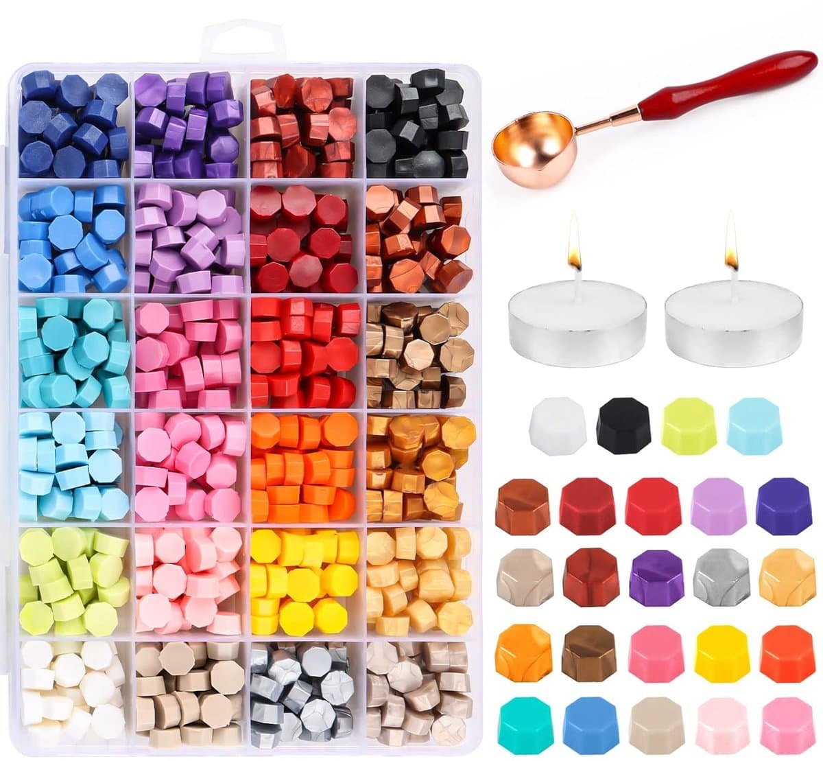 Set van 600 Stukjes Lijmwas in 24 Kleuren met Octagonale Wasbolletjes, Inclusief 2 Theelichten en 1 Smeltlepel voor het Sealen en Versieren van Brieven — afbeelding 1