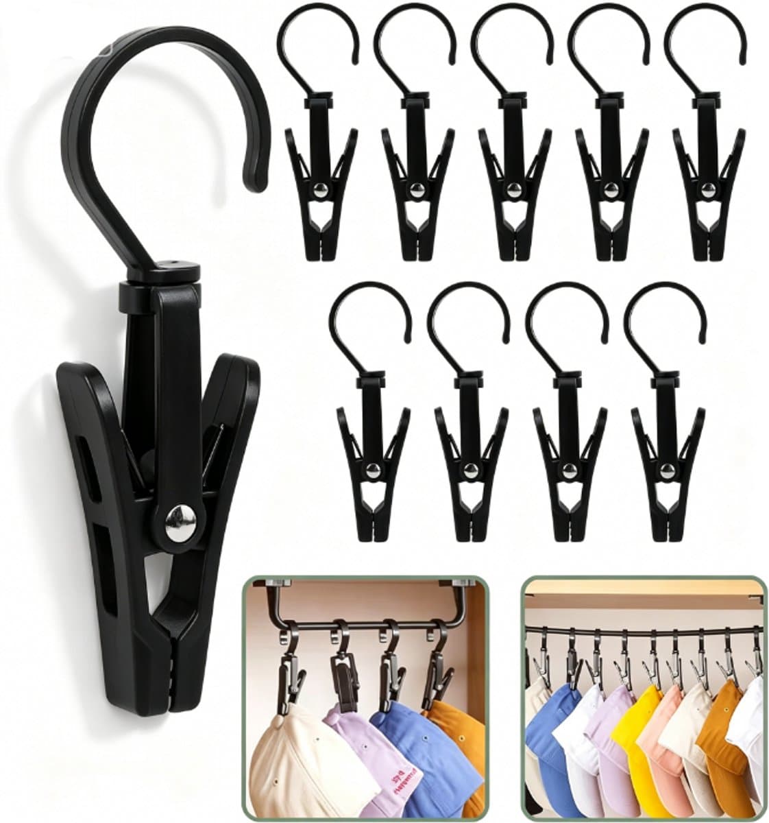 Washaken Clip - Drooghaak voor kleding - met 360 graden draaibare haak - Washaken met klemmen - kleerhangers voor sokken - Sterke plastic wasknijpers - Veelzijdig - draagbare antislip plastic hangers clips - 10stuks - zwart — afbeelding 1