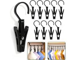 Washaken Clip - Drooghaak voor kleding - met 360 graden draaibare haak - Washaken met klemmen - kleerhangers voor sokken - Sterke plastic wasknijpers - Veelzijdig - draagbare antislip plastic hangers clips - 10stuks - zwart