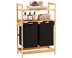 Wasmand van bamboeframe, wasverzamelaar met 2 planken, met 2 uittrekbare waszakken, geschikt voor slaapkamer, badkamer en waskeuken, 93 x 64 x 33 cm, zwart