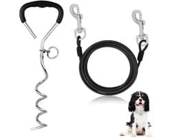 - Grondanker voor Honden - Robuust en Veilig - Zwart en Zilver - Geschikt voor Grote Honden - Inclusief 3m Recall Lead - Perfect voor Tuinen