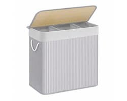 Luniva Wasmand 3 Vakken 150L - Wassorteerder met Deksel - Inclusief 3 Uitneembare Waszakken - Opvouwbaar - Bamboe - Lichtgrijs