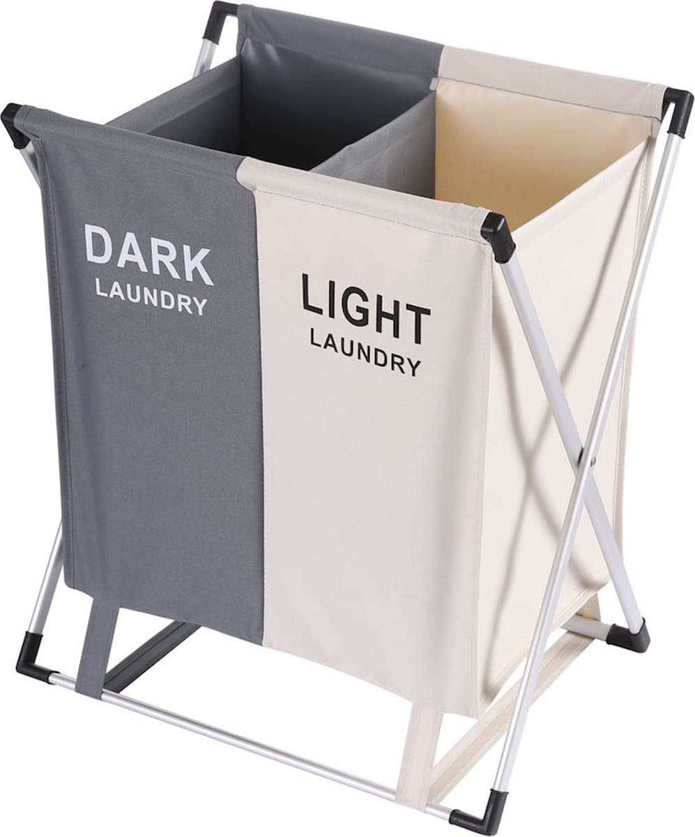 Wassorteerder - 60 L - Wasmand 2 Vakken - Opvouwbare Wasmanden - Wassorteerder 2 vaks - Aluminium Frame - Grijs - Wit — afbeelding 1