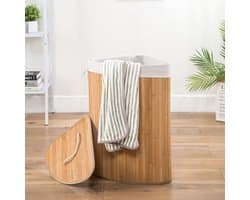 Grote Hoek Bamboe Wasmand met deksel - 100 L - Wasmand 1 Vak met stoffen waszak - Opvouwbaar - Wassorteerder Rond