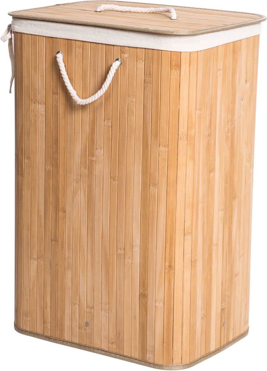 Grote Bamboe Wasmand met deksel - 80 L - Wasmand 1 Vak met stoffen waszak - Opvouwbaar - Wassorteerder - Naturel — afbeelding 1