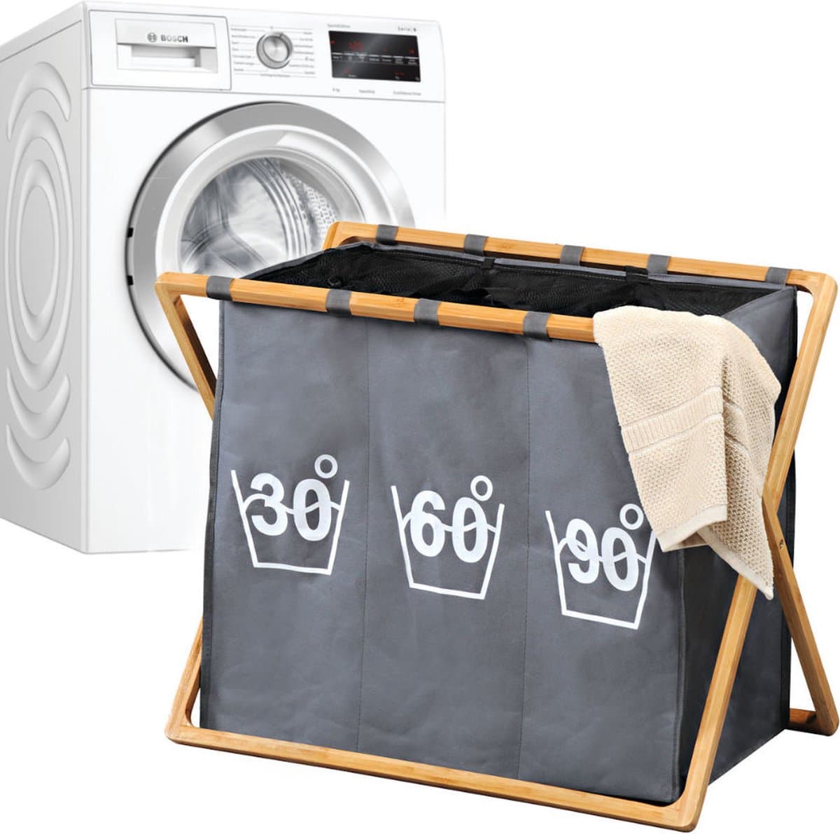 Wassorteerder 3 Vakken - Wasmand FSC® Bamboe houten Frame - Sorteer op 30° 60° 90° - Grote opvouwbare wasmand met 3 Vakken - 141 L — afbeelding 1