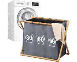 Wassorteerder 3 Vakken - Wasmand FSC® Bamboe houten Frame - Sorteer op 30° 60° 90° - Grote opvouwbare wasmand met 3 Vakken - 141 L