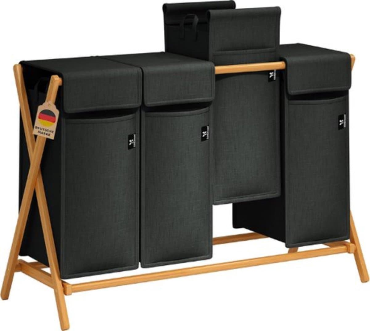Luxe Wassoorteerder – Wasmand 4 Vakken – Was Organizer – Met Deksel – 200L Capaciteit – Natuurlijke Materialen – Stijlvol – Zwart — afbeelding 1