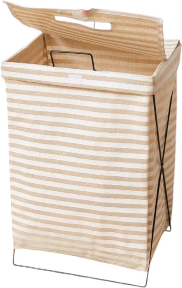 Gestreepte Katoenen Wasmand met IJzeren Frame en Deksel - Inklapbare Wasmand - 36 cm x 28 cm x 59 cm — afbeelding 1