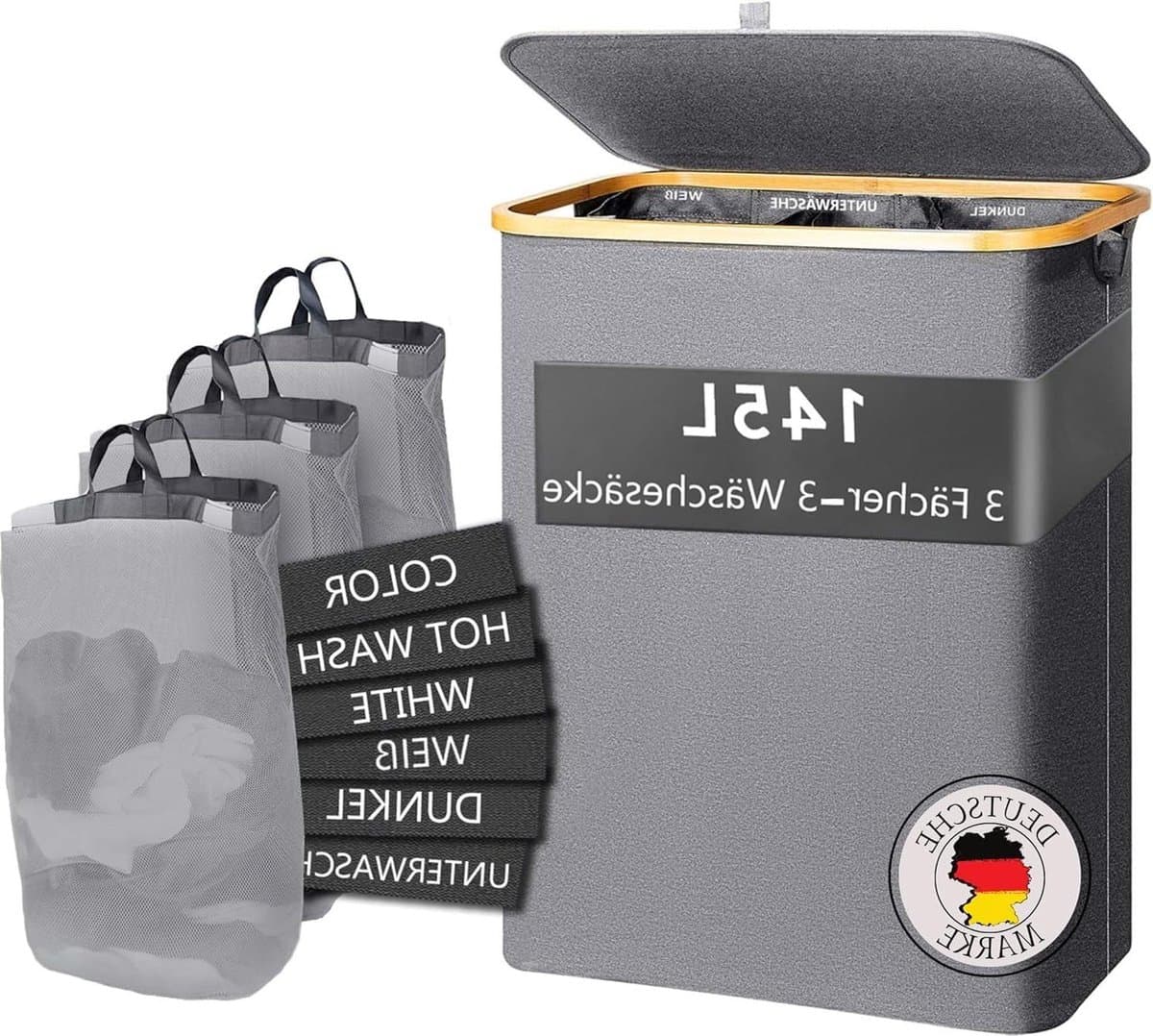 Wasmand met Deksel en 3 Vakken 145 L - Uitneembare Waszak - 3 compartimenten - Verwijderbare Waszak - Wassorteerder wassorteerder — afbeelding 1
