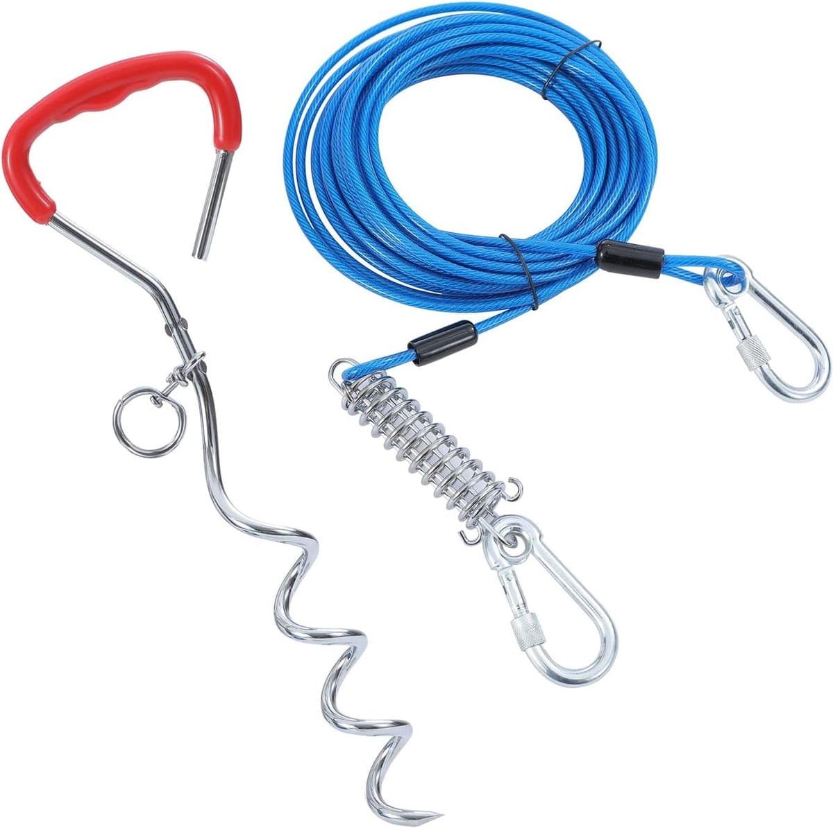 Grondanker hond 10 meter lange hondenriem met schokabsorberende veer - 42 cm spiraalvormige grondpen paal - hondenketting voor tuin buiten camping - blauw + rood Grondanker hond — afbeelding 1