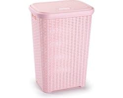 Plasticforte Wasmand met deksel - 60 liter - lichtroze - rotan - kunststof - L35 x B43 x H62 cm