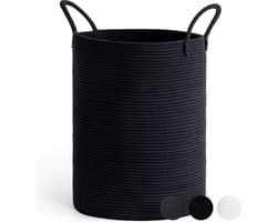 Wasmand, gevlochten, grote wasmand, opbergmand met handvat, kinderkamer, touw, katoenen mand, handdoekmand voor badkamer, woonkamer, mand voor dekens babyspeelgoed, 38 x 50 cm, zwart