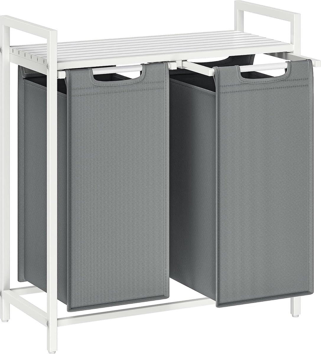 Wasmand met 2 Vakken – Wassorteerder met Uittrekbare Waszakken – Wit – 2x46L — afbeelding 1