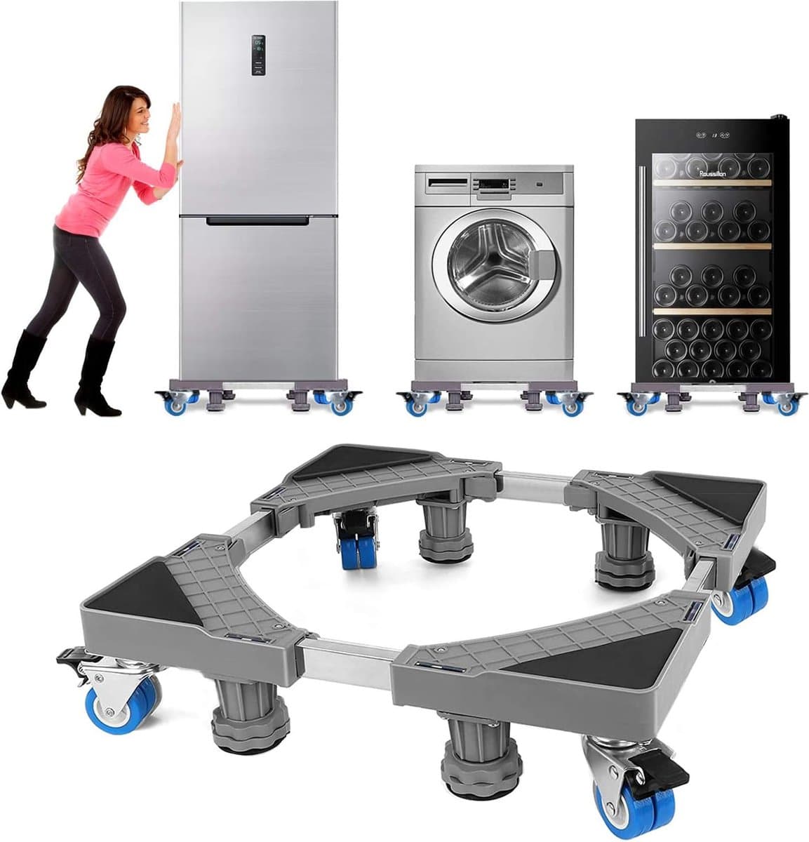 Wasmachine verhoger verstelbaar - wasmachine sokkel onderstel met 8 voeten en 4 wielen - antislip en schokabsorberend - 40-63 cm - wasmachinebasis Wasmachine verhoger — afbeelding 1