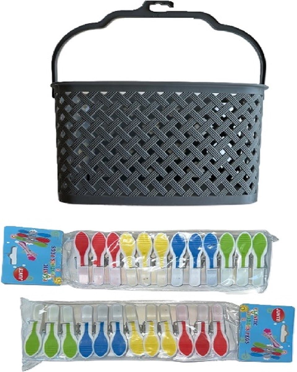 Wasknijpermand - Wasknijpermandje - Met 24 Wasknijpers - 3 Liter - 22,5 x 15 x 14 cm - Grijs — afbeelding 1