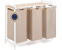 Blumtal Wasmand met 3 vakken - Wasmand met bamboe plank - Metalen frame - Wasmand met poten - Wit en creme