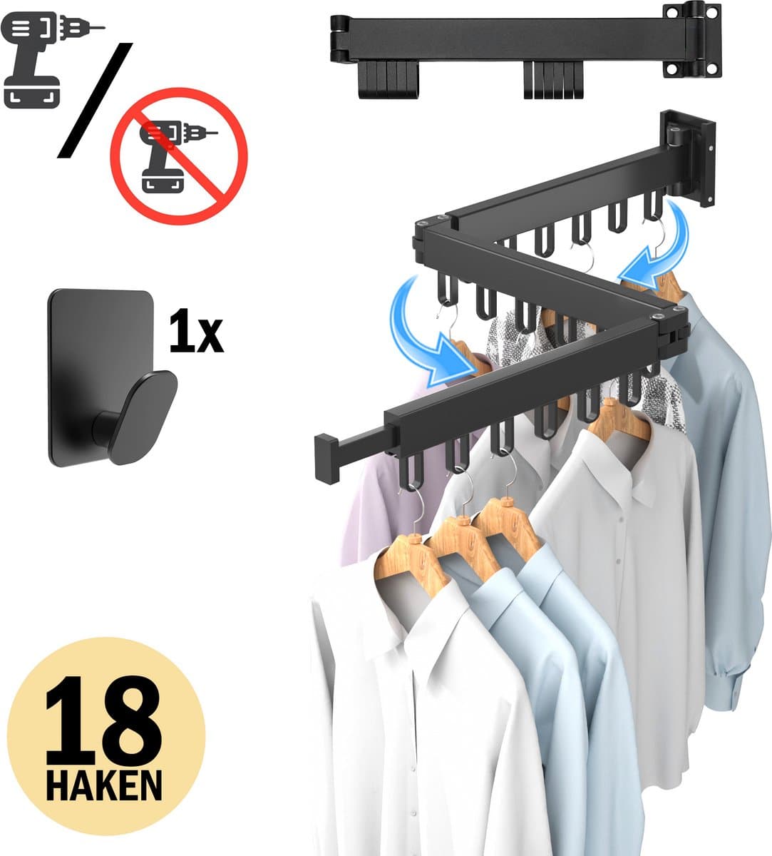 PLAY IT Wanddroogrek 127cm Inklapbaar 18 Haken Zwart - Wasrek/Droogrek Hangend + Handdoek Haakje — afbeelding 1