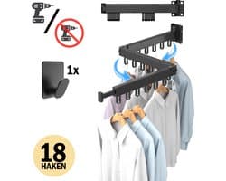 PLAY IT Wanddroogrek 127cm Inklapbaar 18 Haken Zwart - Wasrek/Droogrek Hangend + Handdoek Haakje