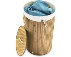 wasmand bamboe - 70 l - opvouwbaar - met deksel en katoenen waszak - Ø 41 cm - natuur
