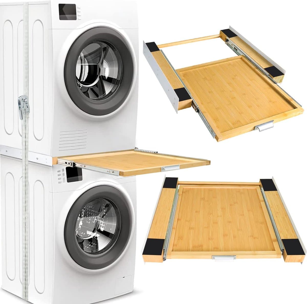 Verbindingsframe voor Wasmachine/Droger met Uittrekbaar Rek en Bamboe Plank - Tussenframe voor Wasdroger met Ratelsnoer - Verstelbare Breedte 47-60 cm — afbeelding 1