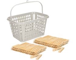 Wasknijpersmandje met ophanghaak - lichtgrijs - met 120x bamboo wasknijpers 7 cm - was ophangen — afbeelding 1